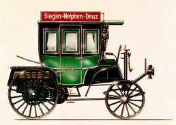 Benz Motoromnibus auf Basis des Benz Landauers mit acht Sitzen, ausgeliefert am 12. März 1895 an die Netphener Omnibus-Gesellschaft für den Liniendienst auf der Strecke Siegen–Netphen–Deuz. Farbige Zeichnung aus den 1980er-Jahren.