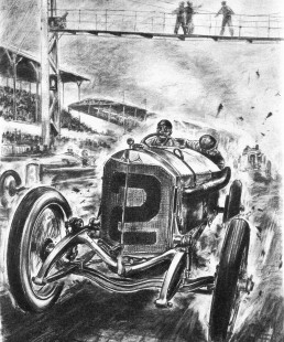 500-Meilen-Rennen in Indianapolis, 31. Mai 1915. Der spätere Sieger Ralph DePalma mit seinem Mercedes Grand-Prix-Rennwagen. Zeichnung von Hans Liska.