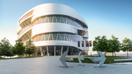 Mercedes-Benz Museum, Stuttgart, Außenaufnahme.Mercedes-Benz Museum, Stuttgart, exterior shot.