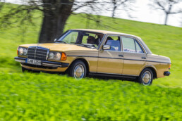 Mercedes-Benz 230 der Baureihe 123. Fahraufnahme von links vorn. (Fotosignatur der Mercedes-Benz Classic Archive: D291353)