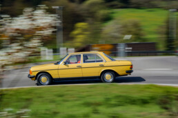Mercedes-Benz 230 der Baureihe 123. Fahraufnahme von links. (Fotosignatur der Mercedes-Benz Classic Archive: D291207)