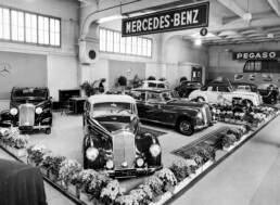 Mercedes-Benz Stand auf dem 22. Genfer Auto-Salon, 1952. Von rechts nach links: Mercedes-Benz 300 (W 186), Mercedes-Benz 220 (W 187), Mercedes-Benz 170 S (W 136). (Fotosignatur der Archive von Mercedes-Benz Classic: 1992M3904)