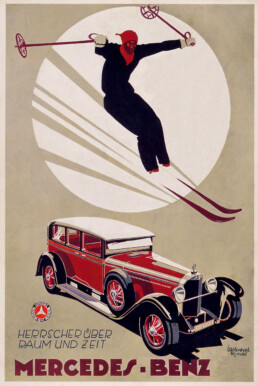 Mercedes-Benz Werbeanzeige mit Skifahrer und einer Mercedes-Benz 630 Pullman-Limousine aus dem Jahr 1928. (Fotosignatur der Archive von Mercedes-Benz Classic: 1988M353)