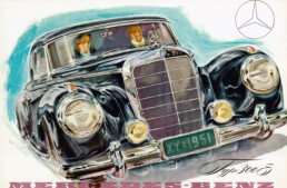Mercedes-Benz 300 S Coupé (W 188), vorgestellt auf dem Pariser Autosalon 1951. Titelbild des Prospekts von 1951 mit einer Zeichnung von Hans Liska. (Fotosignatur der Archive von Mercedes-Benz Classic: 1998DIG27)