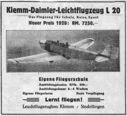 Klemm-Daimler Leichtflugzeug L 20. Zeitungsanzeige des Leichtflugzeugbaus von Hanns Klemm in Sindelfingen aus dem Jahr 1928. (Fotosignatur der Archive von Mercedes-Benz Classic: 2008DIG1640)
